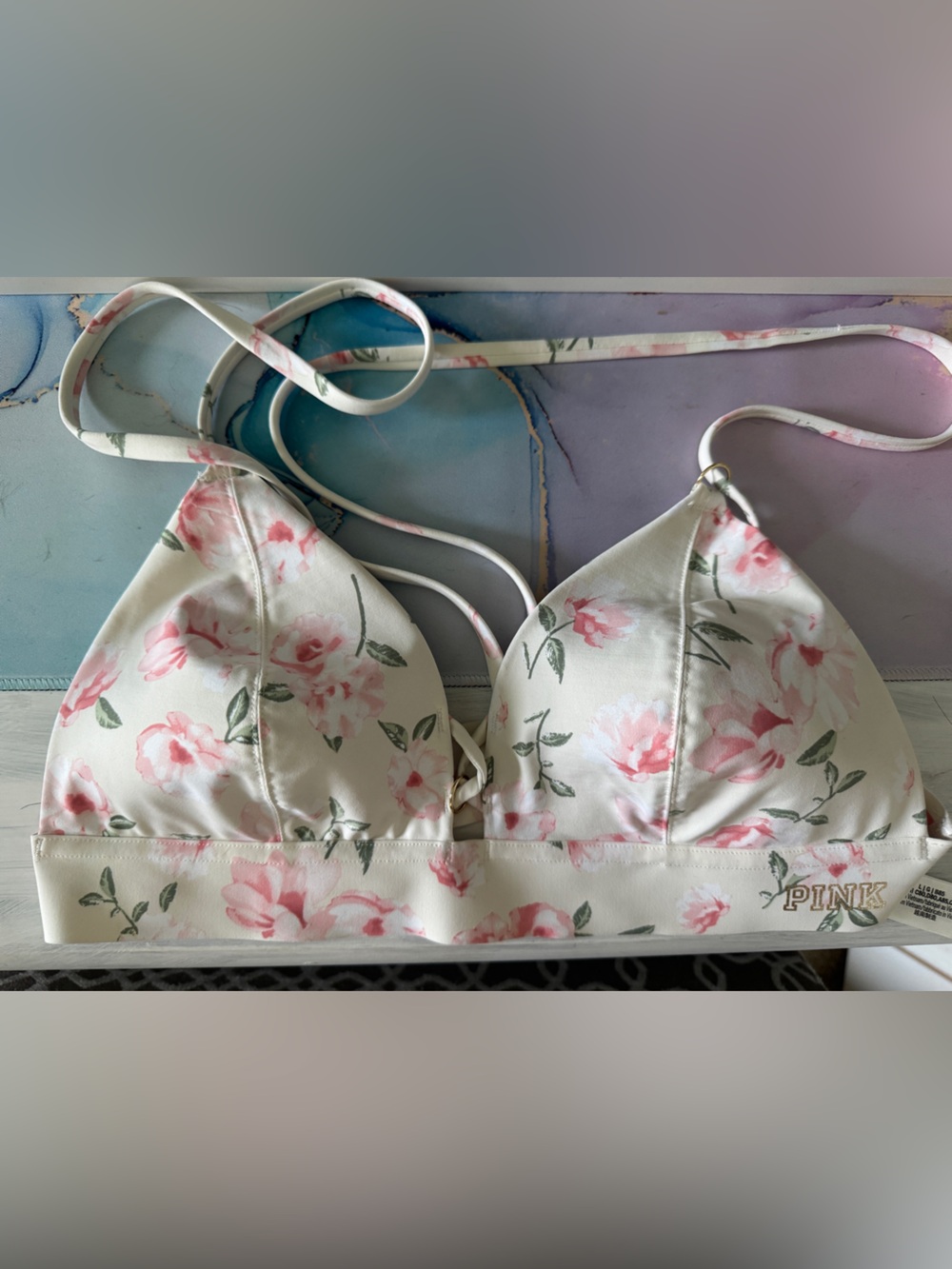 PINK Victoria's Secret large Cream Floral Triangle Bikini Top with Pink Roses